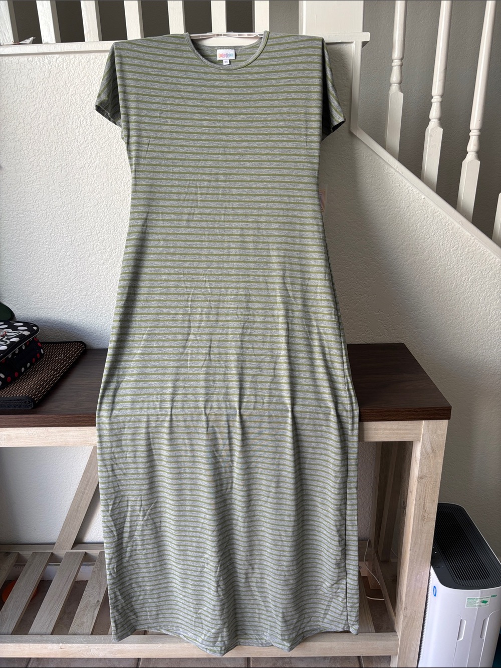 LuLaRoe Olive and Light Gray Striped Maxi Dress